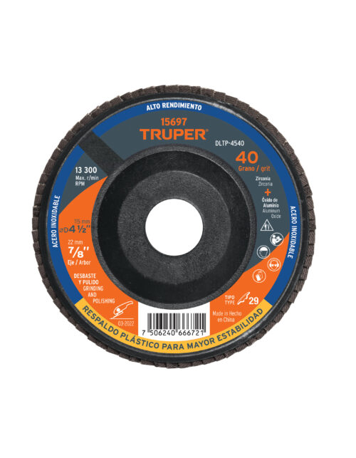 15697 Disco laminado 4-1/2" grano 40 centro 7/8", plástico, TRUPER